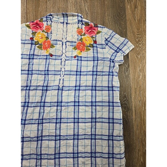 Johnny Was Women's Large Poplin Shirt Dress Tunic Plaid Embroidered Floral - Picture 14 of 15